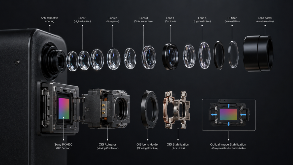Ilustração gerada por IA de infográfico da câmera de smartphone com lente explodida em camadas, sensor Sony IMX600 e mecanismo OIS em fundo escuro.